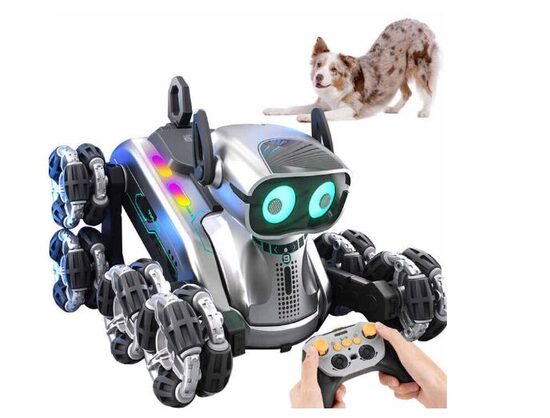 Interaktyvus šuo robotas, valdomas nuotolinio valdymo pultu ir rankų gestais